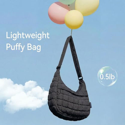 Puffer Crossbody Hobo Bag for Women Nylon Quilted Purse Lightweight Shoulder Handbag with Adjustable Strap - color: 02-black