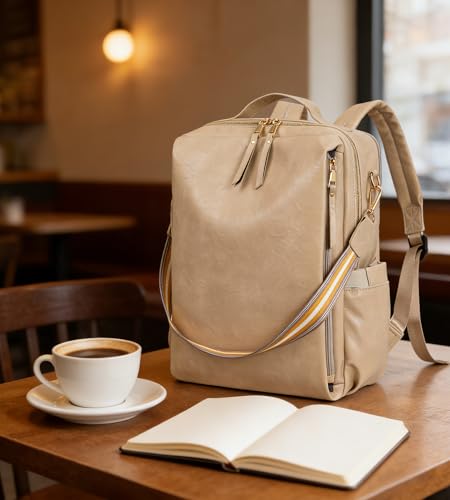 myfriday Large Travel Backpack Purse, Convertible, with Luggage Strap - color: Biege