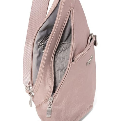 Baggallini Mini Sling - 12x7 Sling Crossbody Bag Backpack with Adjustable Shoulder Strap - color: Blush Shimmer