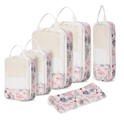 Narwey Compression Packing Cubes for Travel, Cute Luggage Organizer Bags - color: Y-Beige Flamingo