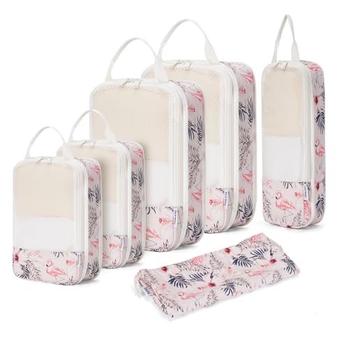 Narwey Compression Packing Cubes for Travel, Cute Luggage Organizer Bags - color: Y-Beige Flamingo