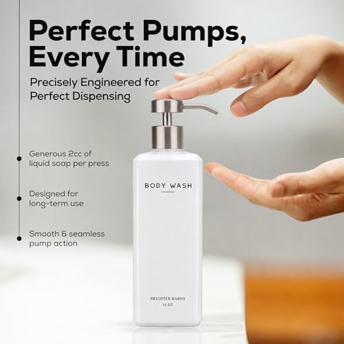 White Shampoo and Conditioner Dispenser Set by Brighter Barns - 16oz Shower Dispenser - Refillable Plastic Shampoo Bottles & Stainless Steel Pump - Shampoo Dispenser for Bathroom, Hotel, Gifts (White) - color: White
