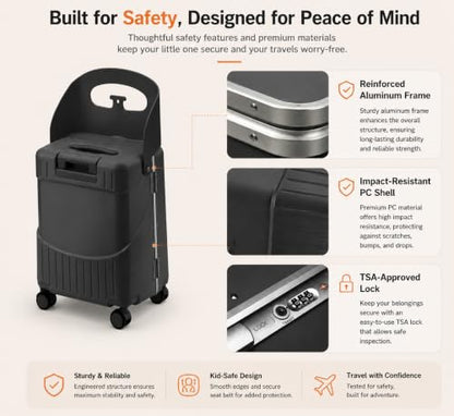 20 Inch Ride On Luggage for Kids, Carry On Suitcase with Foldable Child Seat, Hard Shell Travel Luggage with 360° Spinner Wheels & TSA Lock for Family Airplane Trips - color: Black