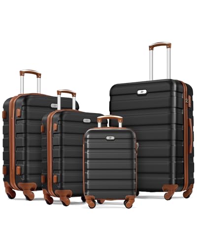 Suitour 4 Piece Luggage Set, Carry on Suitcase with ABS hardshell,Spinner Wheels & TSA Lock (16"/20"/24"/28") - color: Black Brown, size: 4-Piece Set