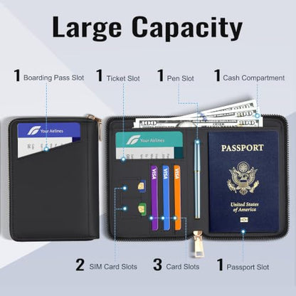 Airkit 2 Pack Passport Holder Cover, Travel Zipper Wallet, Credit Card Case - color: Classic Black