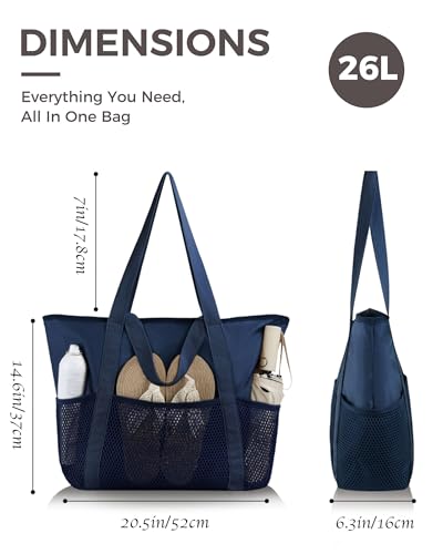 HOMESPON Beach Bag Large Waterproof Sandproof Tote for Women with Zipper and Mesh Pockets - color: Navy, size: Medium