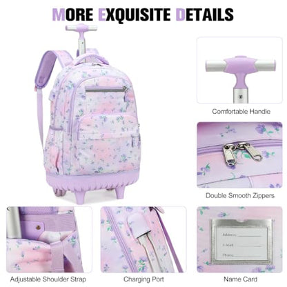 ACESAK Rolling Backpack for Girls with Lunch Bag & Pencil Pouch - color: Purple Floral