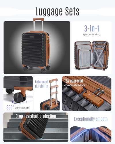 LIGHT FLIGHT Luggage Sets 3 Pcs Suitcase with Wheel,20"/24"/28",Black/Brown - color: Black/Brown