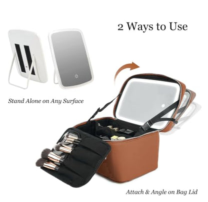 Travel/Daily Makeup Bag/Cosmetic Case with Detachable LED Mirror - color: Caramel Brown