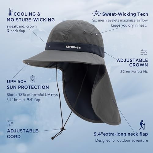 TOP-EX UPF 50+ Cooling Wide Brim Sun Hat for Men with Neck Flap, Packable - color: Dark Grey, size: Large-X-Large