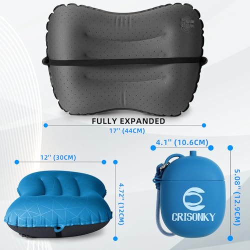 Crisonky Camping Pillow, Inflatable Pillow with 2-in-1 Air Pump Storage Bag - color: Navy Blue