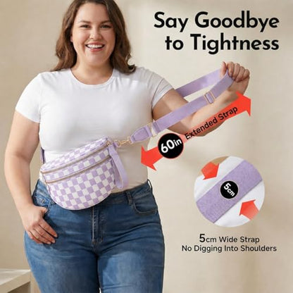 Checkerboard Crossbody Bag for Women, Expandable Plaid Belt Bag Nylon Fanny Pack with Multiple Pockets - color: Light Purple Checkered