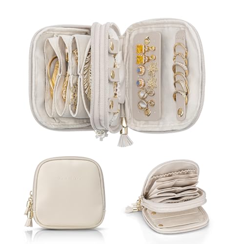 VLANDO Jewelry Travel Case with 2 Layers for Necklaces,Rings,Earrings - color: Cream White