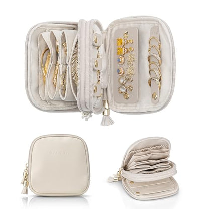 VLANDO Jewelry Travel Case with 2 Layers for Necklaces,Rings,Earrings - color: Cream White
