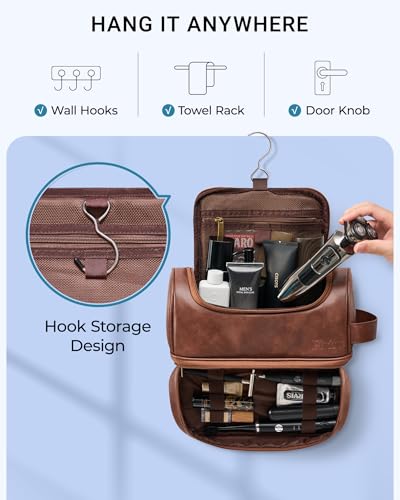 Elviros Toiletry Bag for Men PU Leather Shaving Dopp Kit (Dark Brown) - color: Dark Brown, size: Large (Pack of 1)