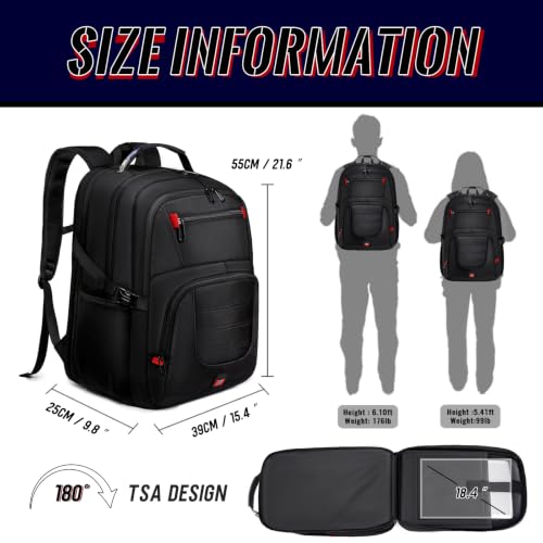 55L Gaming Laptop Backpack, Fits 18.4-19" Laptop, Black - color: Black, size: 18.4 Inch（21.6"x15.4"x9.8"）
