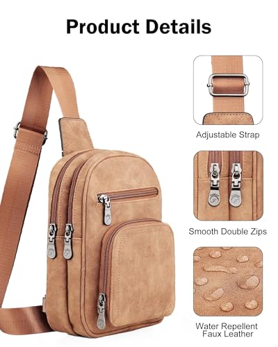 FADEON Sling Bags for Women Crossbody Bag, Designer PU Leather Sling Purse - color: Camel Brown Nubuck Style, size: Small