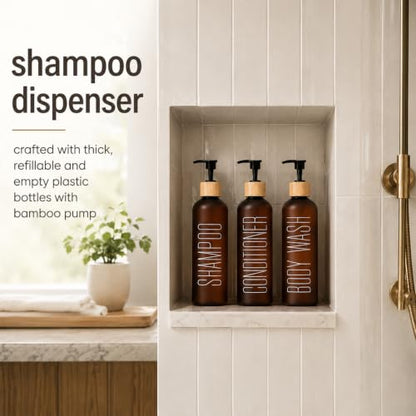 16oz Brown Shampoo and Conditioner Dispenser- Empty Refillable Pump Bottles - color: Brown&bamboo Pump