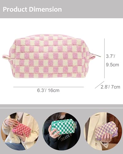 Checkered Makeup Bag for Purse, Small Travel Cosmetic Pouch,Pink Beige - color: Pink Beige