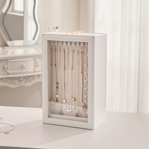 Lolalet Necklace Organizer Box, Jewelry Display Case, White, 3 Layers - color: White, size: 3 Layers, 30 Hooks