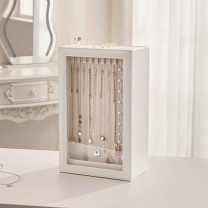 Lolalet Necklace Organizer Box, Jewelry Display Case, White, 3 Layers - color: White, size: 3 Layers, 30 Hooks