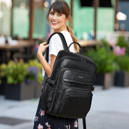 Leather Laptop Backpack for Women Fits 17" Laptop, with RFID Wristlet Purse - color: Black