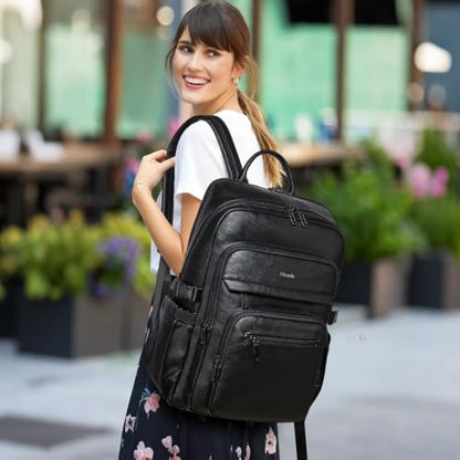 Leather Laptop Backpack for Women Fits 17" Laptop, with RFID Wristlet Purse - color: Black