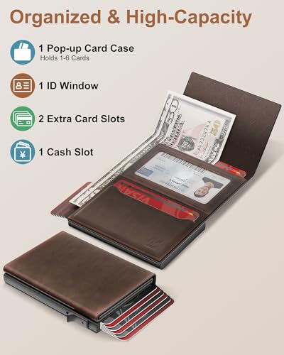 ROYAL KIT Wallet for Men Card Holder: Pop Up Card Case, RFID Blocking, Premium Genuine Leather, Slim, Minimalist, Front Pocket - 14 Card Capacity | ID Window | Cash Slot (Brown) - color: Dark Brown