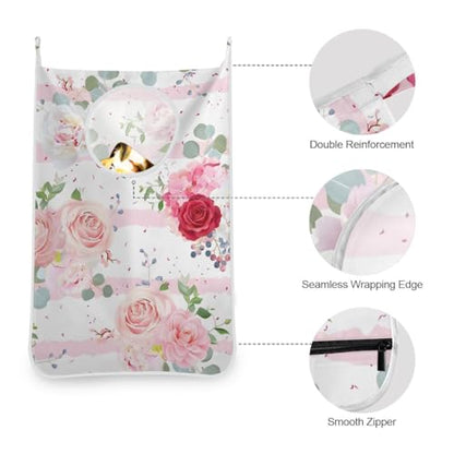 Pink Rose Hanging Laundry Bag, Pink Flowers Door Hanging Laundry Hamper with Stainless Steel Hooks Wall Laundry Nook with Adhesive Hooks 1 PC - color: Pink Rose