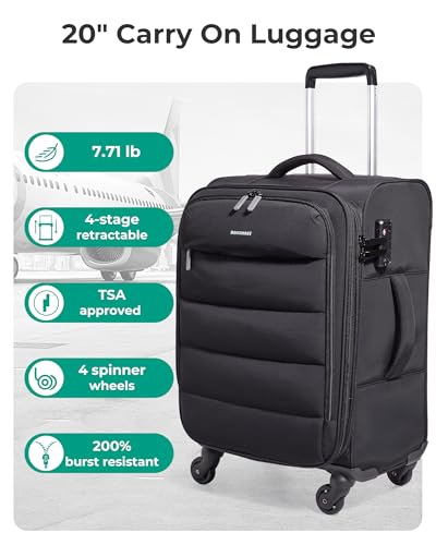 BAGSMART 20 Inch Soft Carry On Suitcase with Wheels, Black - color: Black, size: 20-inch