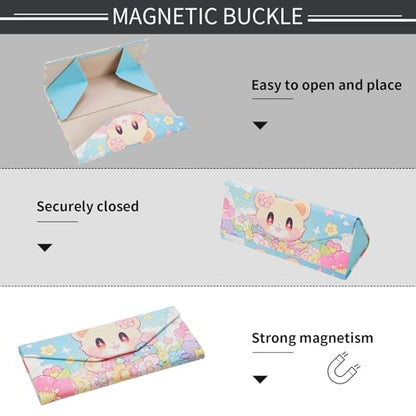 Foldable Glasses Case, Magnetic PU Leahter Sunglasses Case, Cute Hard Shell Folding Eyeglass Cases for Women Kids - color: Multicolor Flower Bear