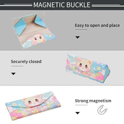 Foldable Glasses Case, Magnetic PU Leahter Sunglasses Case, Cute Hard Shell Folding Eyeglass Cases for Women Kids - color: Multicolor Flower Bear