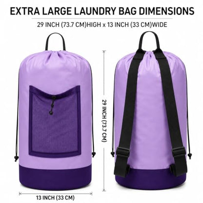 Backpack Laundry Bag, Durable polyster Laundry Backpack Bag with Shoulder Straps, Drawstring Closure & Mesh Pocket, Large Clothes Hamper for Dorm, Travel, Laundromat (Purple) - color: Purple