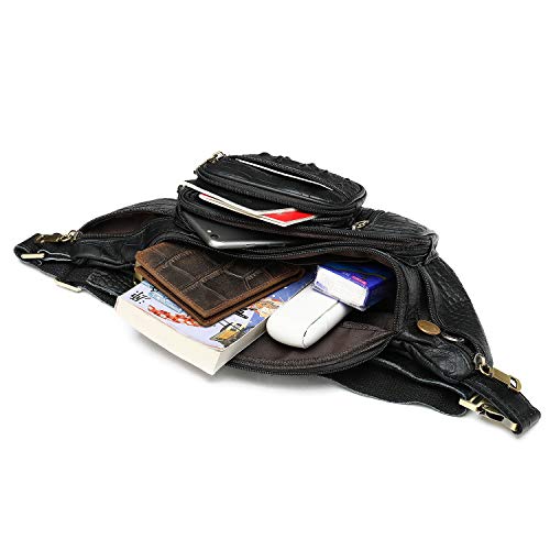 Genuine Leather Fanny Pack large capacity Crossbody Waist Bag with Zipper phone Pockets crocodile black - color: Black Croco