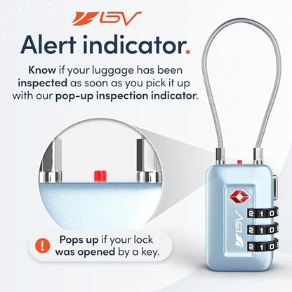 BV Luggage Locks TSA Accepted, Travel Sentry Approved 3-Digit Combination Suitcase Locks with Open Alert & Flexible Cable for Travel, Backpacks, Lockers, Cases, Arctic Blue, 4 Pack - color: Arctic Blue 4-Pack