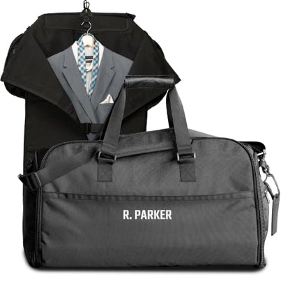 Suit Saver Convertible Hanging Garment Duffle Bag, Custom Embroidery, Blue, Black and Grey, Ballistic Nylon, with Adjustable Shoulder Strap and Separate Shoe Compartment (Black) - color: Black