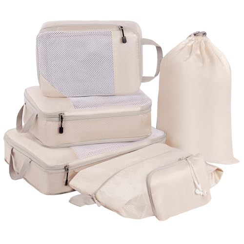 MADIKA 6 Pcs Compression Packing Cubes for Travel, Mesh Window, Beige - color: Beige