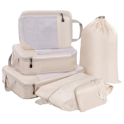 MADIKA 6 Pcs Compression Packing Cubes for Travel, Mesh Window, Beige - color: Beige