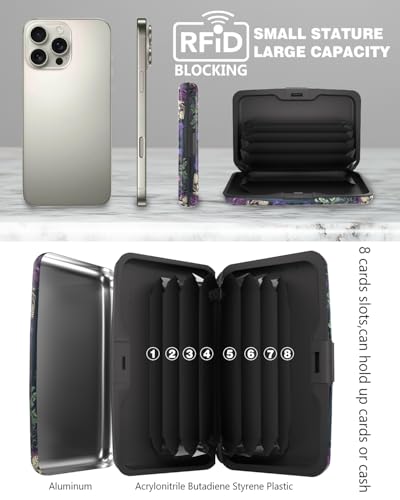 Maicican Credit Card Holder, Mini RFID Blocking Aluminum Wallet - color: Purple Flowers and Skulls