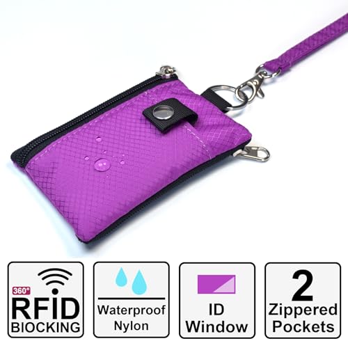 CHENSPRX Minimalist RFID Blocking Small Wallet with ID Window,WaterResistant Zip Id Case Wallet with Lanyard Keychain for Cards,Cash,Travel,Women,Men - color: Purplish Red