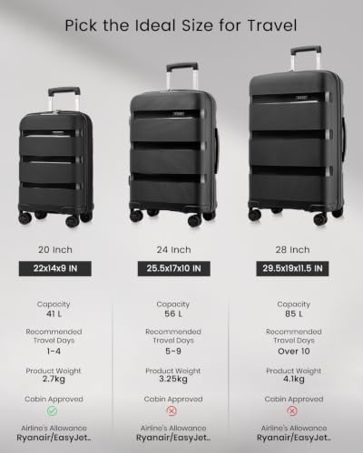 Kono 24 Inch Hard Shell PP Luggage, 4 Spinner Wheels Suitcase, Black - color: Black, size: Checked-medium 24-inch