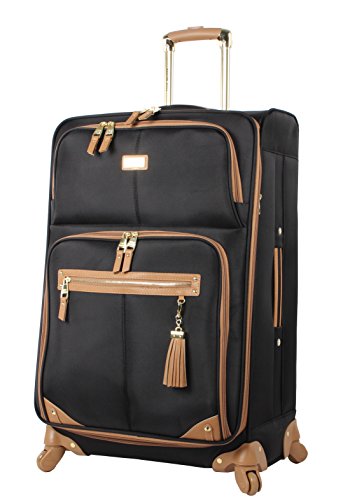 Steve Madden Designer Luggage - Checked Large 28 Inch Softside Suitcase - Expandable for Extra Packing Capacity - Lightweight Bag with Rolling Spinner Wheels, Harlo Black, 28in - color: Harlo Black