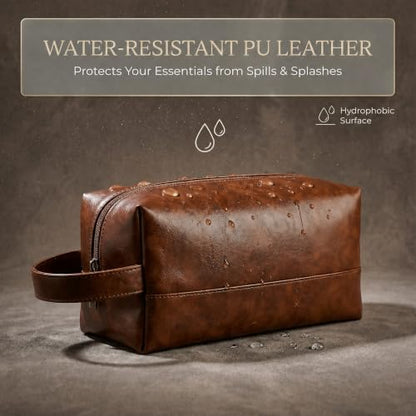 Toiletry Bag for Men, PU Leather Dopp Kit with Wide Opening, Handle and Inner Pockets, Water Resistant Travel Shaving Bag for Suitcase Gym and Bathroom, Brown - color: Brown