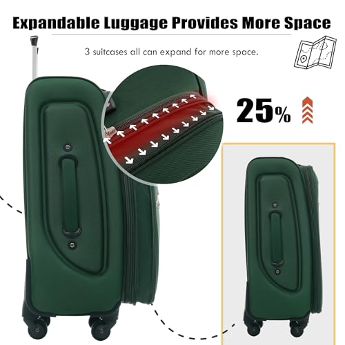 Merax Softside Luggage Set, Travel Suitcase Expandable Lightweight 3 Piece - color: Dark Green-22/26/30