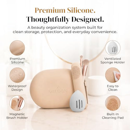 Silicone Makeup Bag Set - Cosmetic Pouch, Brush Holder, Beauty Sponge Case - color: Green