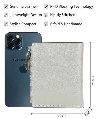 Women's RFID Blocking Leather Small Compact Bi-fold Zipper Pocket Wallet Card Case Purse with id Window - color: Lichee Grayish White