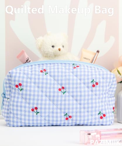 PAZIMIIK Small Quilted Makeup Bag,Zipper Cosmetic Pouch,Gingham Blue Cherry - color: Gingham Blue Cherry