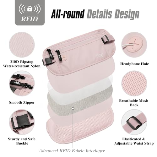 MoKo 안전한 여행용 머니 벨트, 언더커버 숨겨진 RFID 차단 여행용 지갑, 도난 방지 여권 지갑 남성용 여성용, 핑크, 휴대용 - color: 핑크, size: Waist for 24"-38"