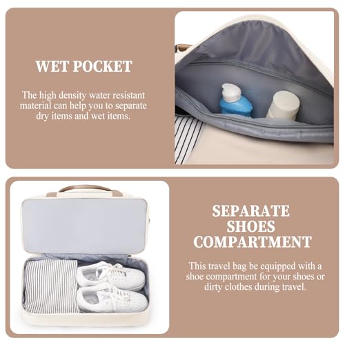 Weekender Bags for Women, Personal Item Travel Bag with Shoes Compartment - color: Beige & Brown, size: Medium