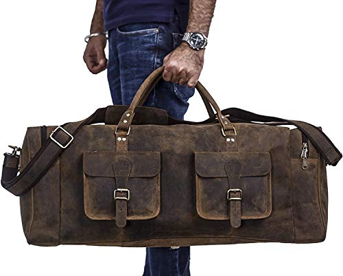 KomalC 28 Inch Leather Duffle Bag for Men & Women, Travel Gym Holdall - color: Distressed Brown, size: 28 Inches